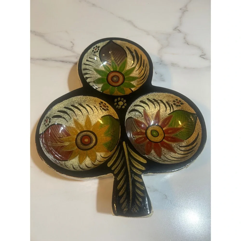 Vintage Hand Painted Wooden Clover Divided Tray Floral Folk Art Serving Dish